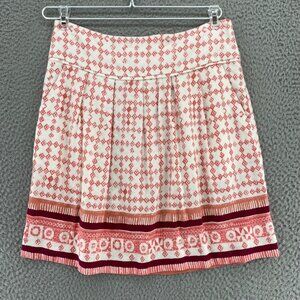 LOFT Skirt Women 2 Pink White Red Ikat Linen Blend Mini Pleated Casual Pockets